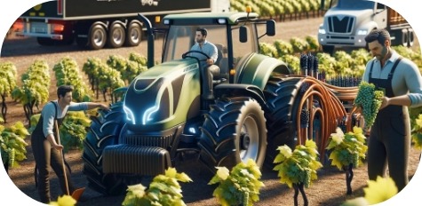Tracteur futuriste dans un vignoble moderne.